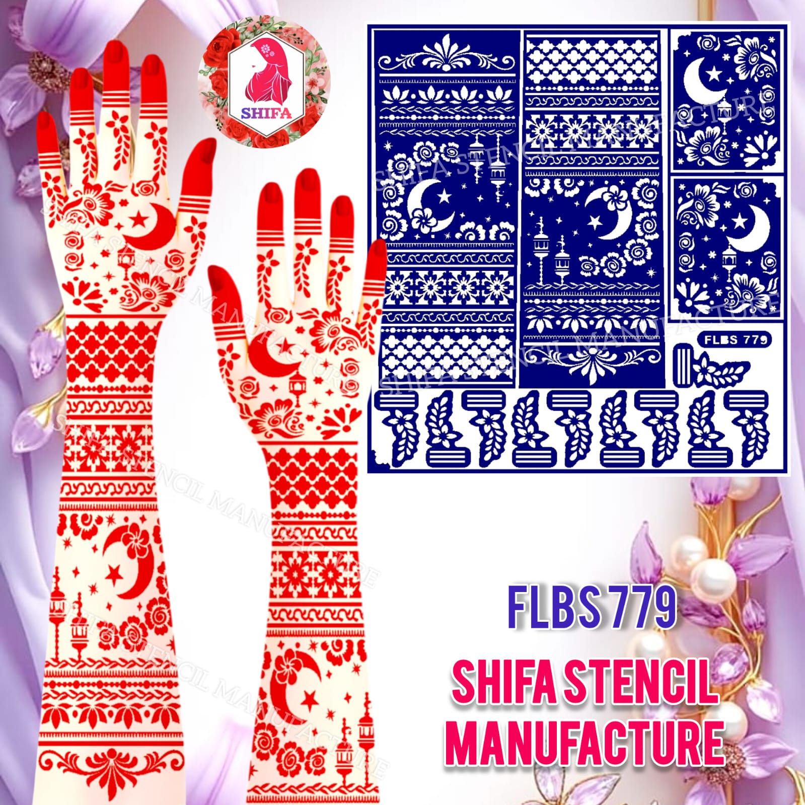FLBS 779 Celestara Mehndi Charm Double Hand Henna Stencil - Shifa Stencil